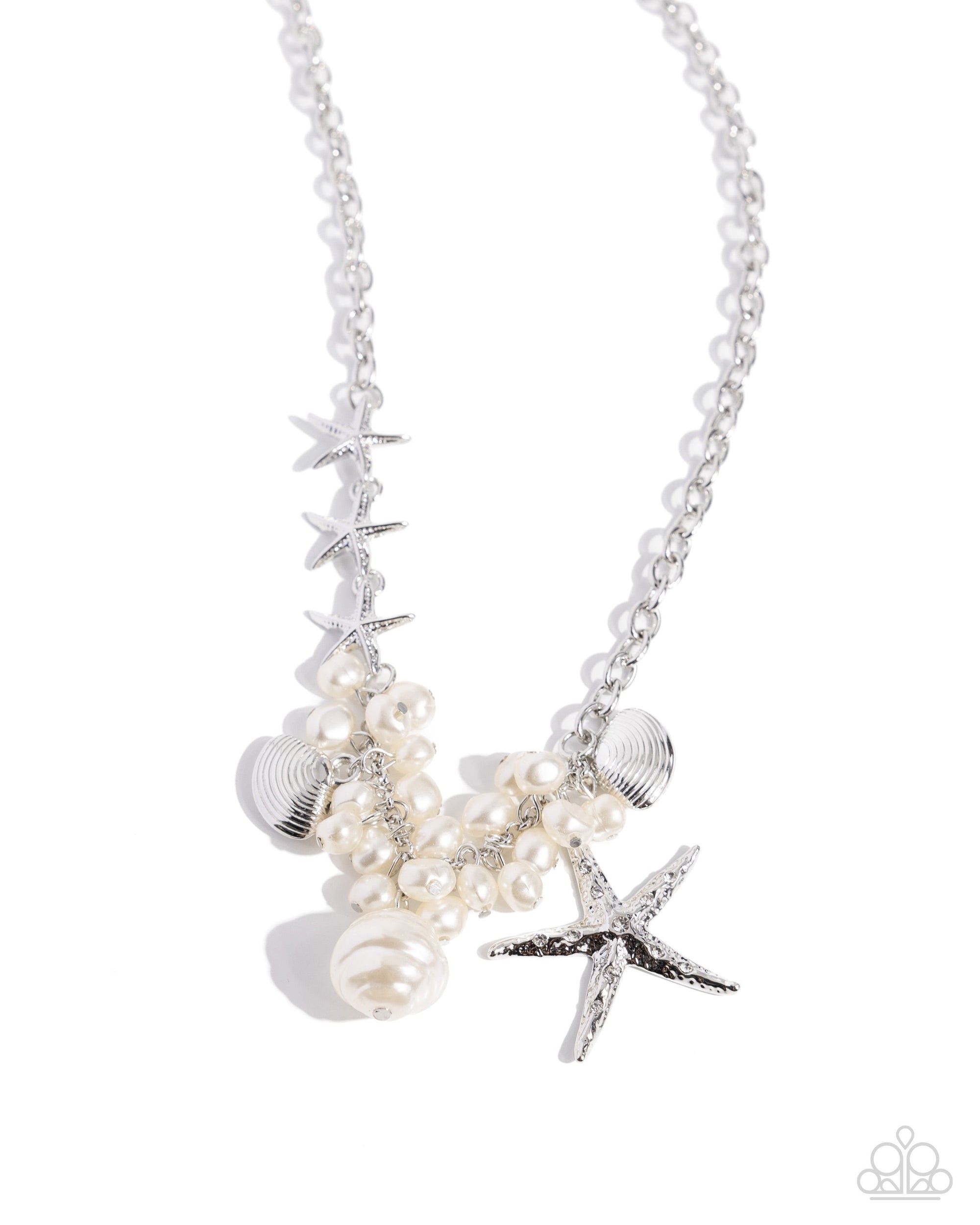 Cabo Coast White Pearl, Shell & Starfish Necklace - Paparazzi Accessories- lightbox - CarasShop.com - Paparazzi Jewelry by Cara Jewels
