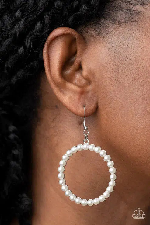 Can I Get A Hallelujah White Earrings - Paparazzi Accessories- on model - CarasShop.com - Paparazzi Jewelry by Cara Jewels
