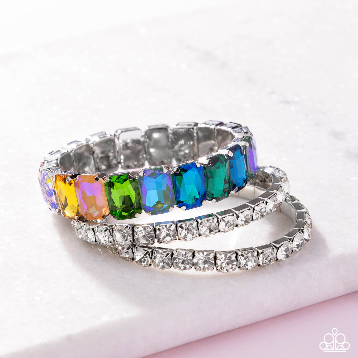 Candescent Caliber Multi Rhinestone Bracelet - Paparazzi Accessories- flat lay - CarasShop.com - Paparazzi Jewelry by Cara Jewels