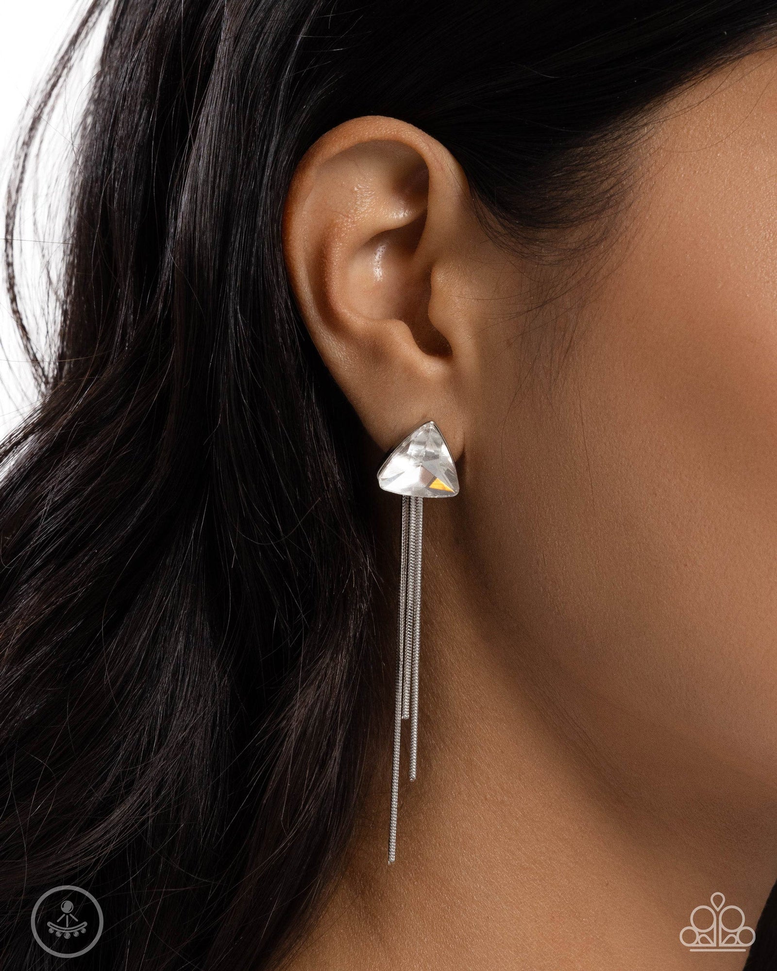 Candescent Class White Rhinestone and Silver Tassel Earrings - Paparazzi Accessories- lightbox - CarasShop.com - Paparazzi Jewelry by Cara Jewels