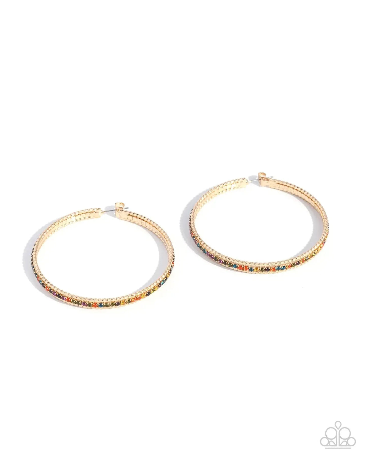 Candescent Collision Gold Multi Color Rhinestone Hoop Earrings - Paparazzi Accessories- lightbox - CarasShop.com - Paparazzi Jewelry by Cara Jewels