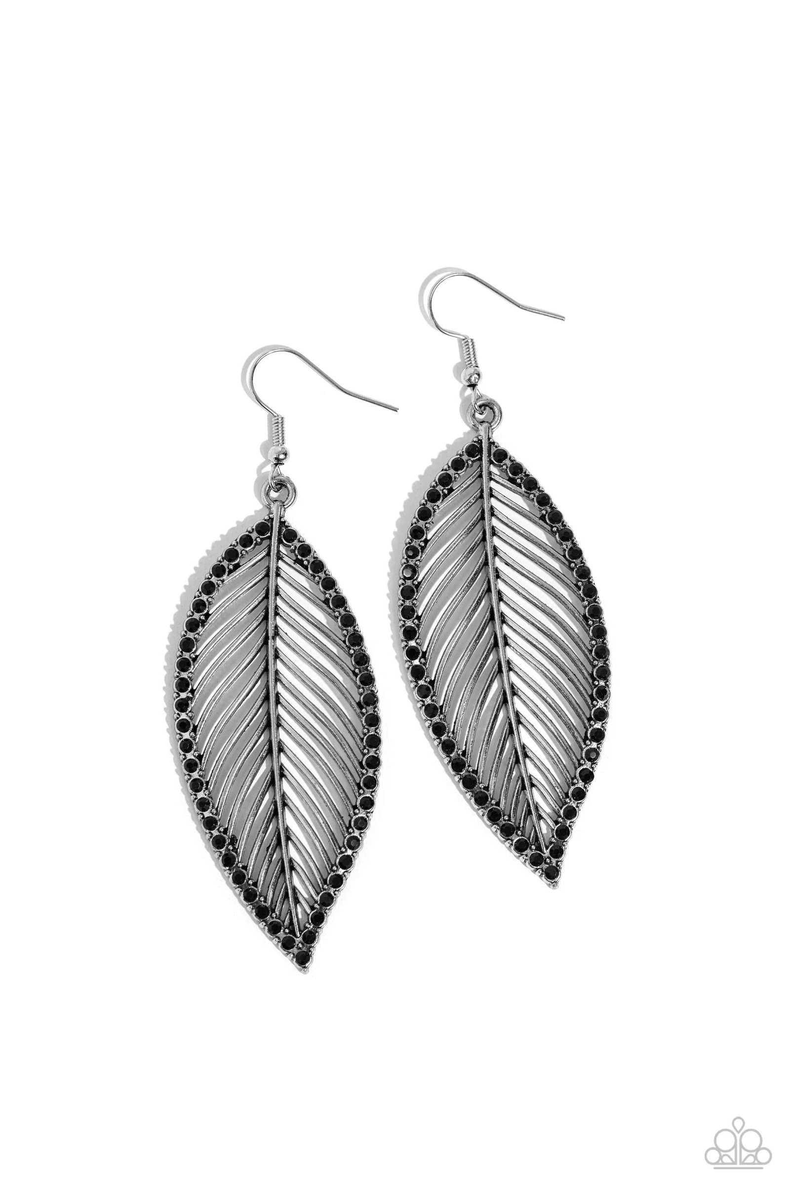 Canopy Cabaret Black Rhinestone Leaf Earrings - Paparazzi Accessories- lightbox - CarasShop.com - Paparazzi Jewelry by Cara Jewels