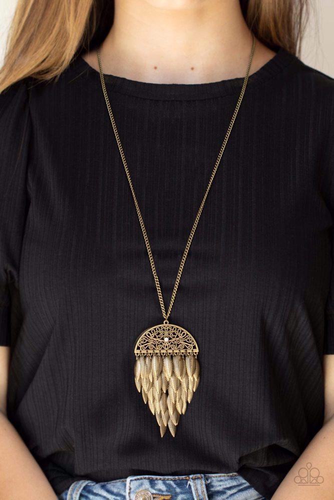 Canopy Cruise Brass Necklace - Paparazzi Accessories- on model - CarasShop.com - Paparazzi Jewelry by Cara Jewels