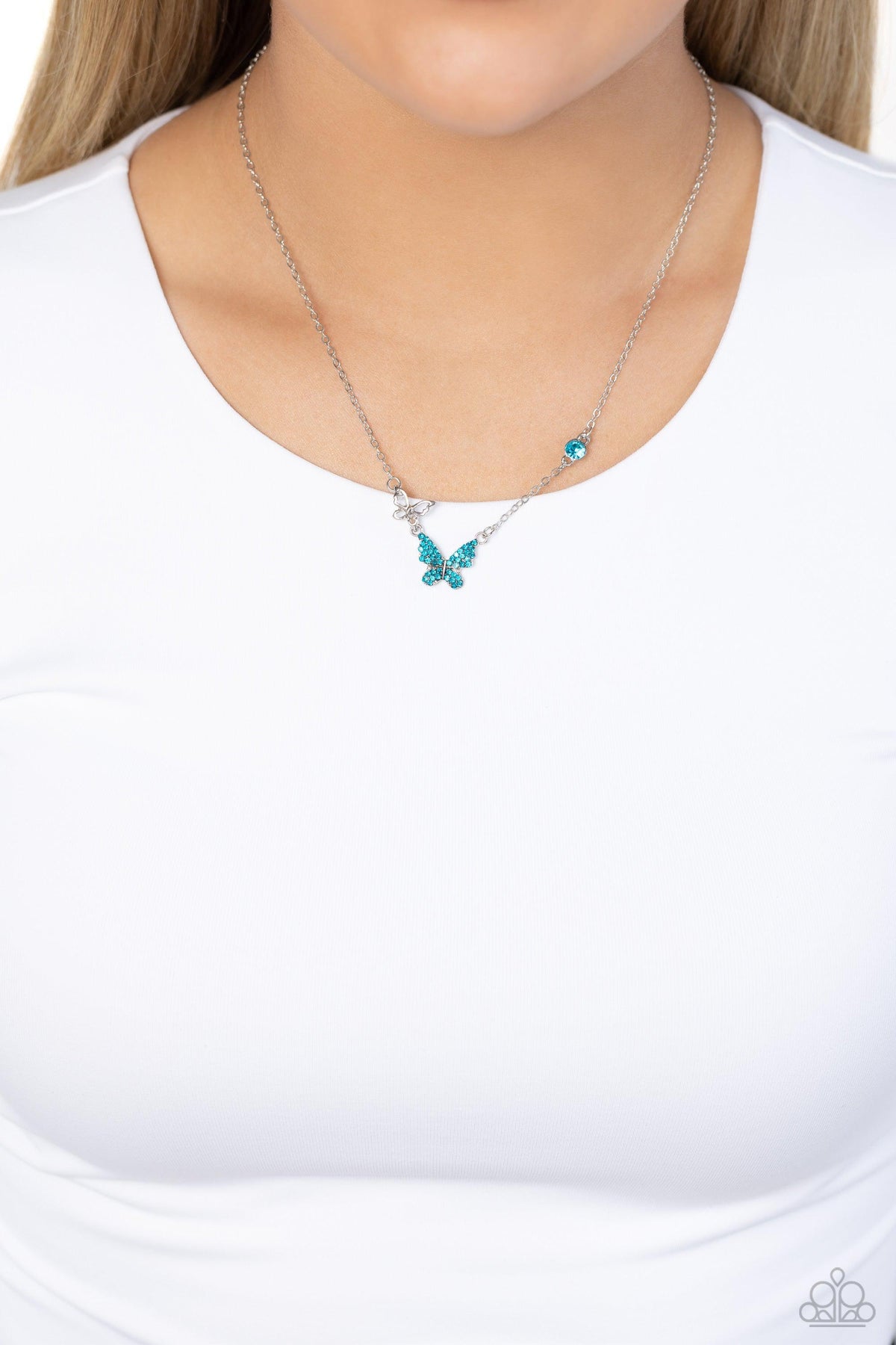 Cant BUTTERFLY Me Love Blue Rhinestone Butterfly Necklace - Paparazzi Accessories- on model - CarasShop.com - Paparazzi Jewelry by Cara Jewels