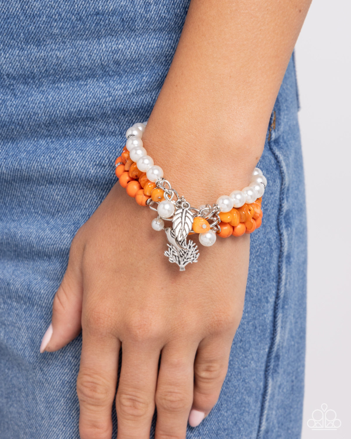 Canyonland Color Orange Stone & White Pearl Charm Bracelet - Paparazzi Accessories- on model - CarasShop.com - Paparazzi Jewelry by Cara Jewels