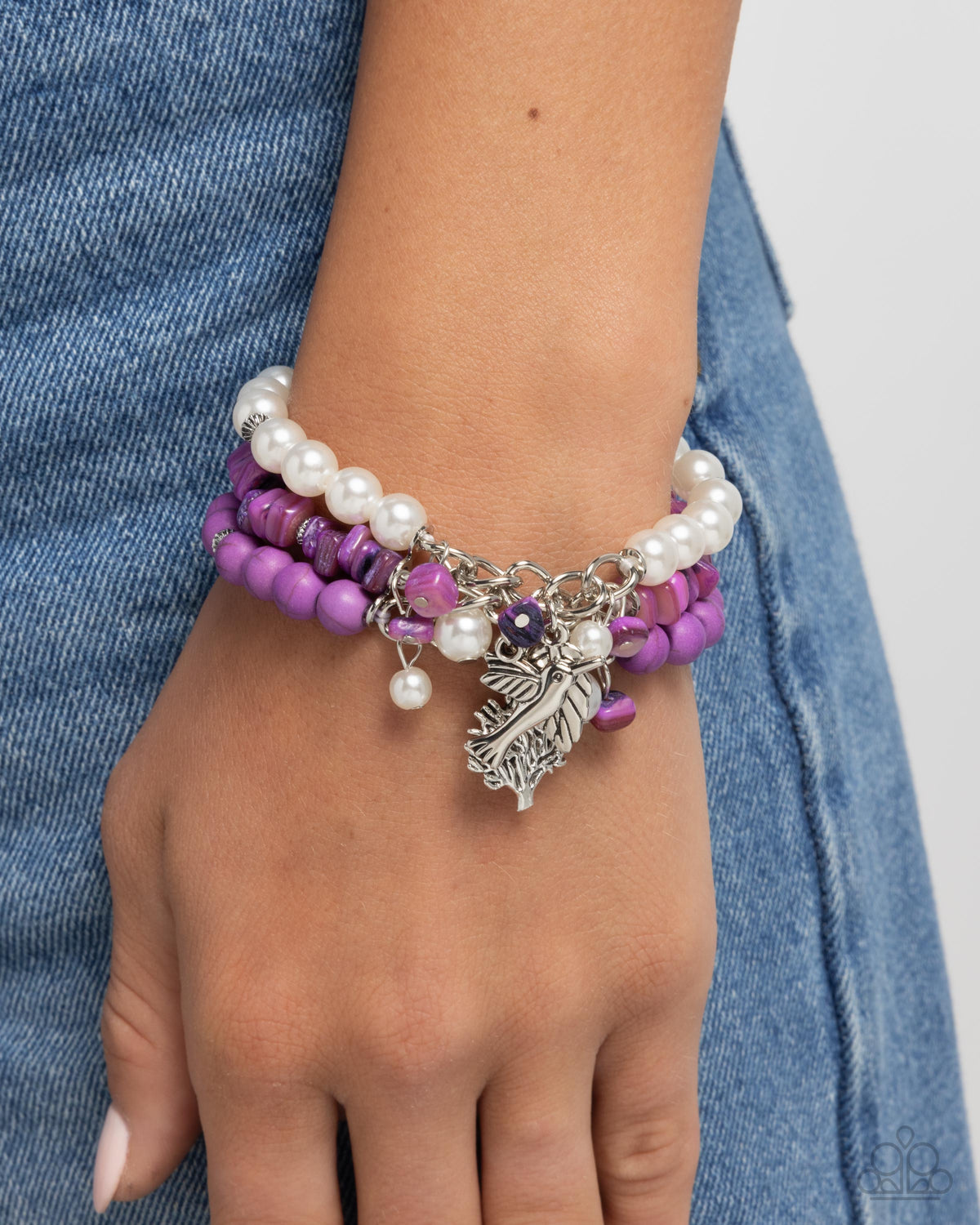 Canyonland Color Purple Stone & White Pearl Bracelet - Paparazzi Accessories- on model - CarasShop.com - Paparazzi Jewelry by Cara Jewels