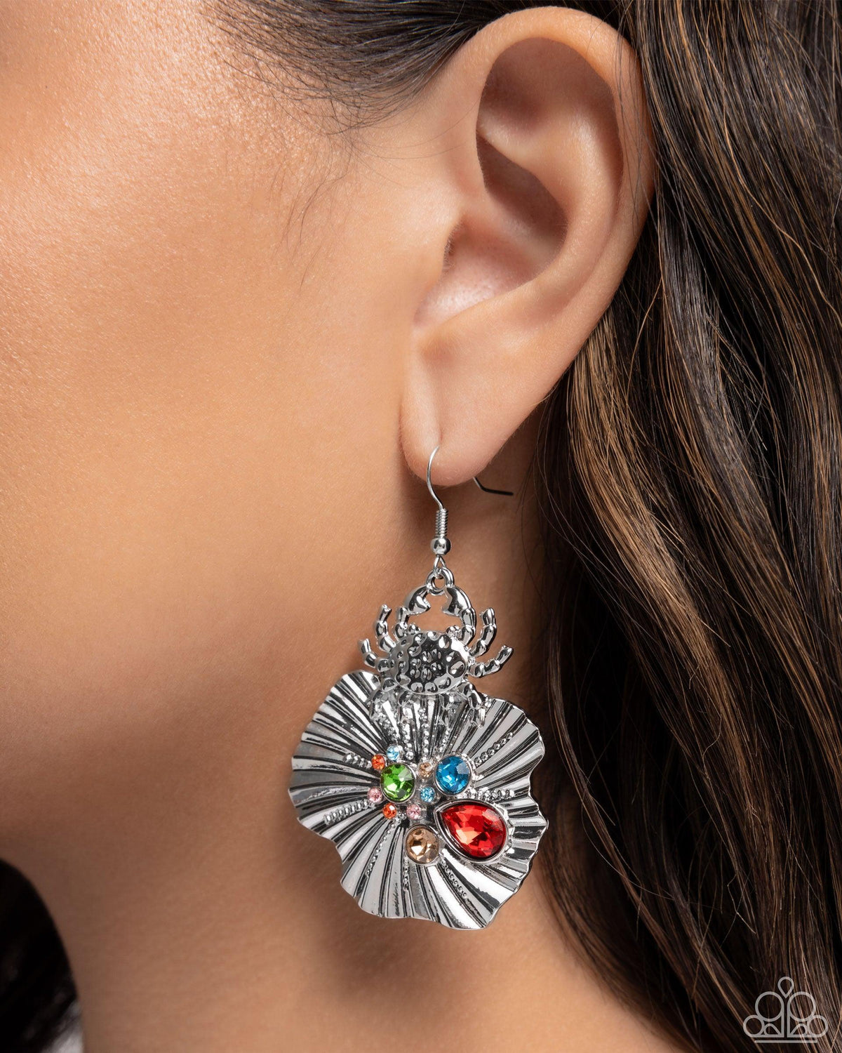 Capricious Crab Red & Silver Earrings - Paparazzi Accessories- on model - CarasShop.com - Paparazzi Jewelry by Cara Jewels