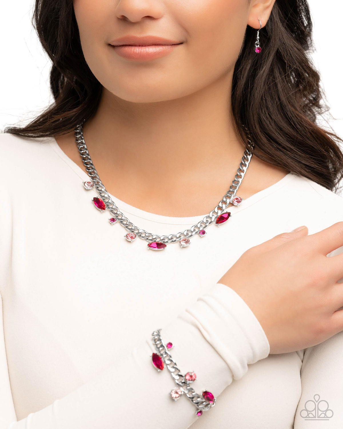Captivating Chic - Captivating Chance Pink Rhinestone Necklace & Bracelet Set - Paparazzi Accessories- lightbox - CarasShop.com - Paparazzi Jewelry by Cara Jewels