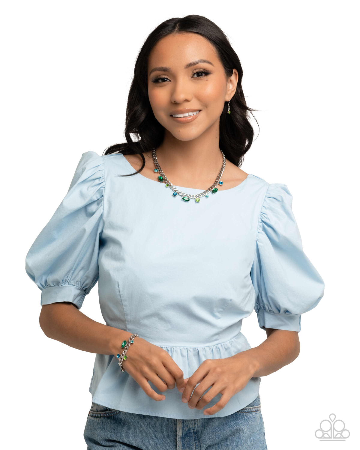 Captivating Chic Green & Blue Rhinestone Necklace & Bracelet Set - Paparazzi Accessories- lightbox - CarasShop.com - Paparazzi Jewelry by Cara Jewels