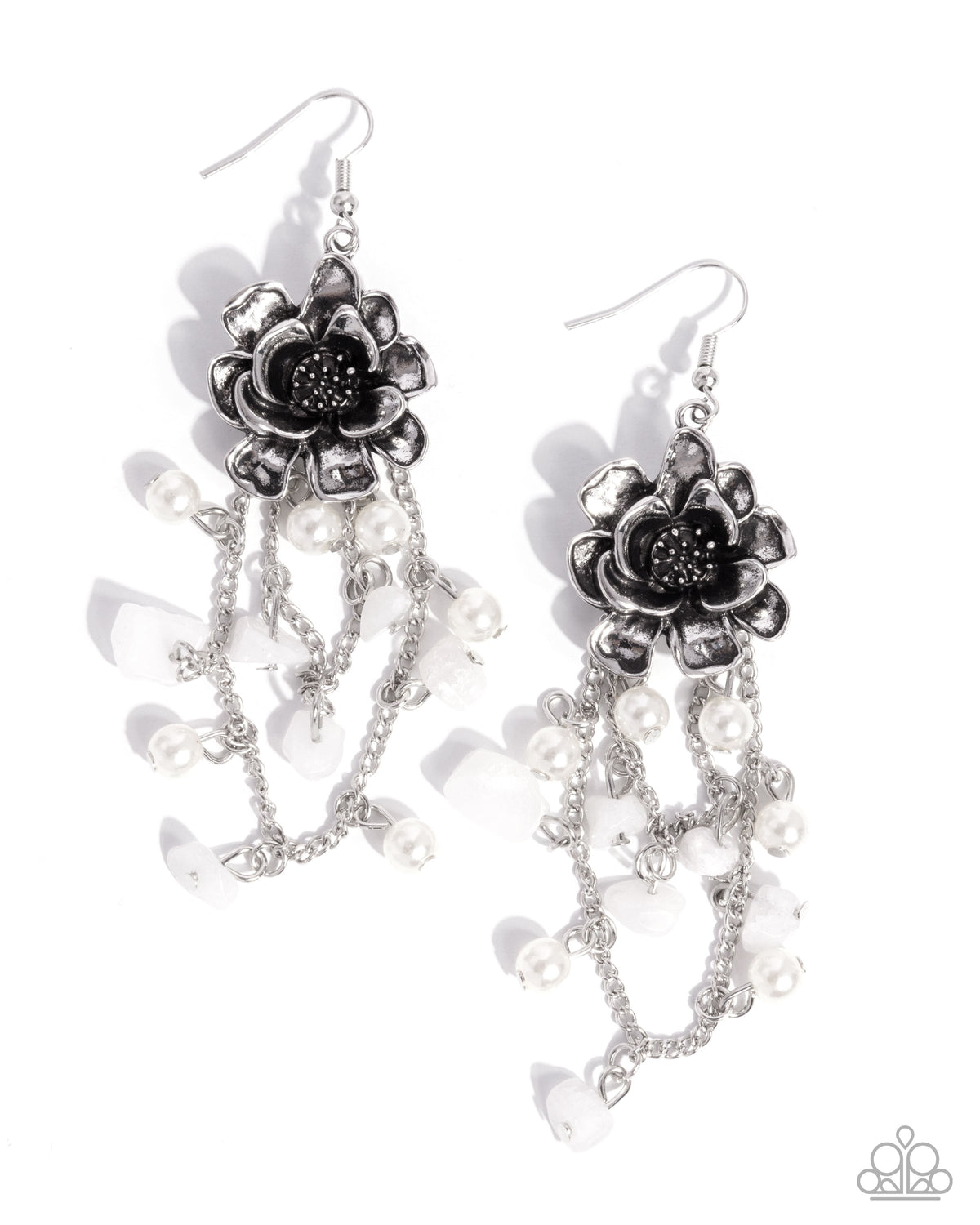 Carefree Cascade White Pearl & Silver Flower Earrings - Paparazzi Accessories- lightbox - CarasShop.com - Paparazzi Jewelry by Cara Jewels
