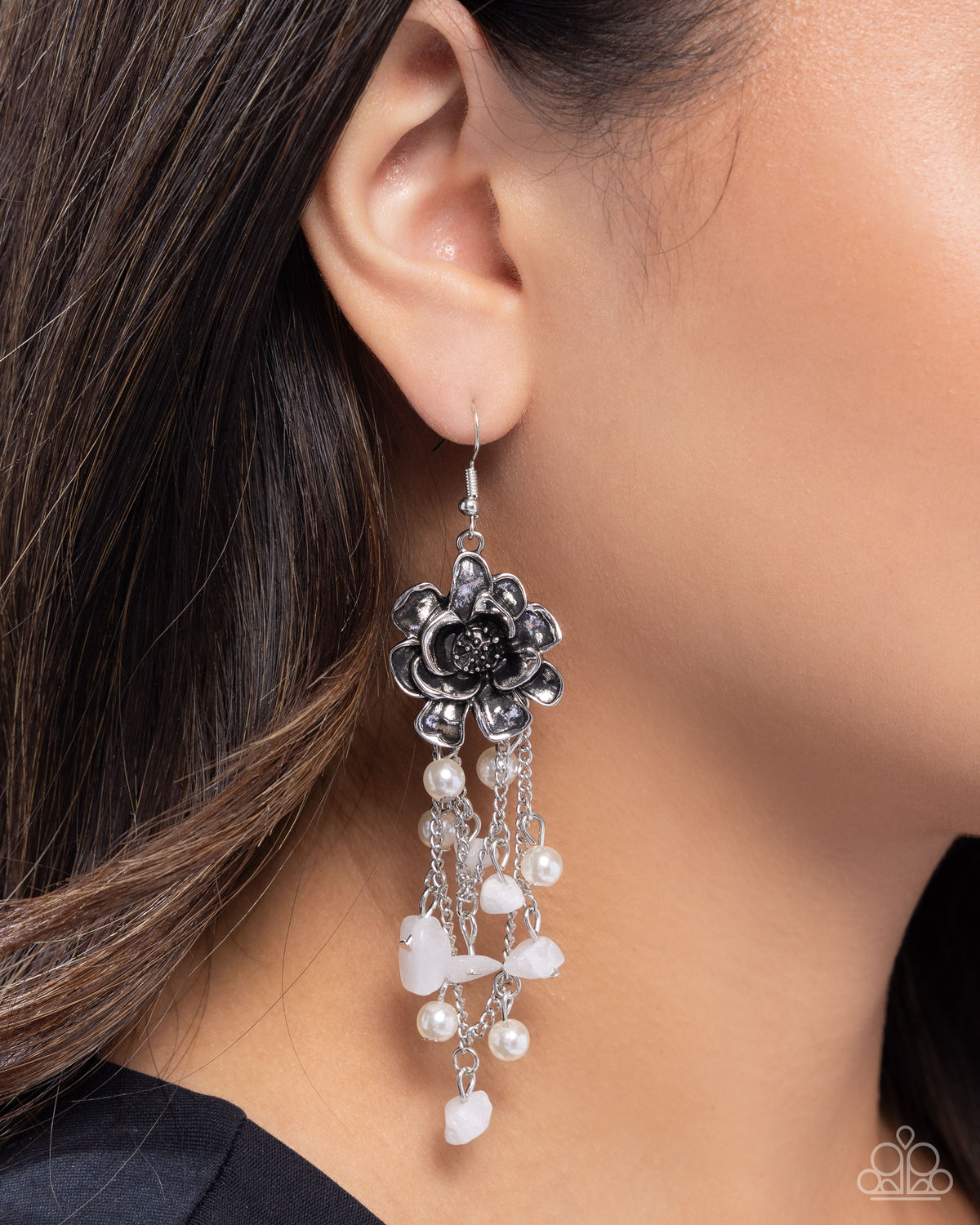 Carefree Cascade White Pearl & Silver Flower Earrings - Paparazzi Accessories- on model - CarasShop.com - Paparazzi Jewelry by Cara Jewels
