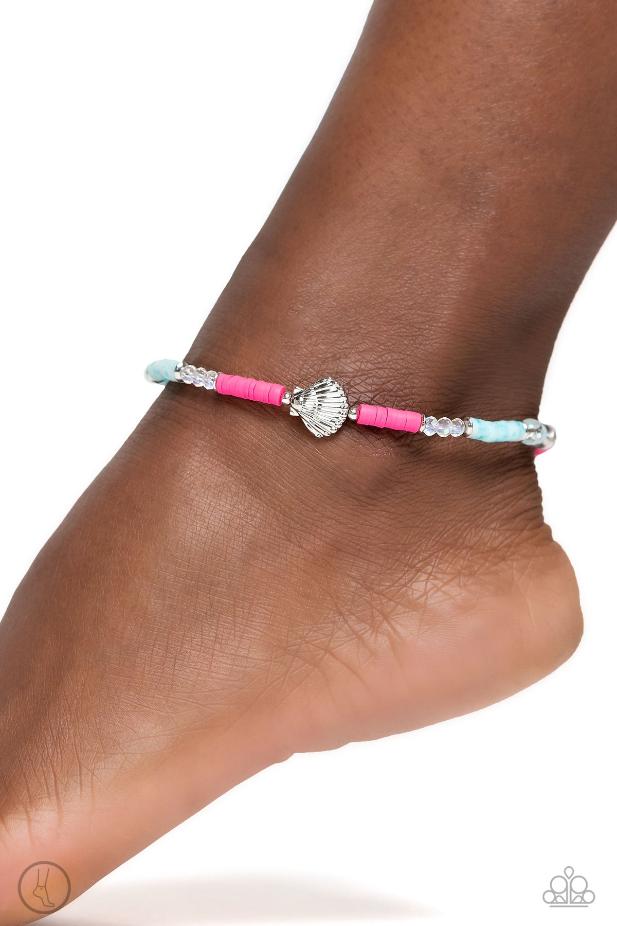 Carefree Coral Pink & Blue Anklet - Paparazzi Accessories- on model - CarasShop.com - Paparazzi Jewelry by Cara Jewels