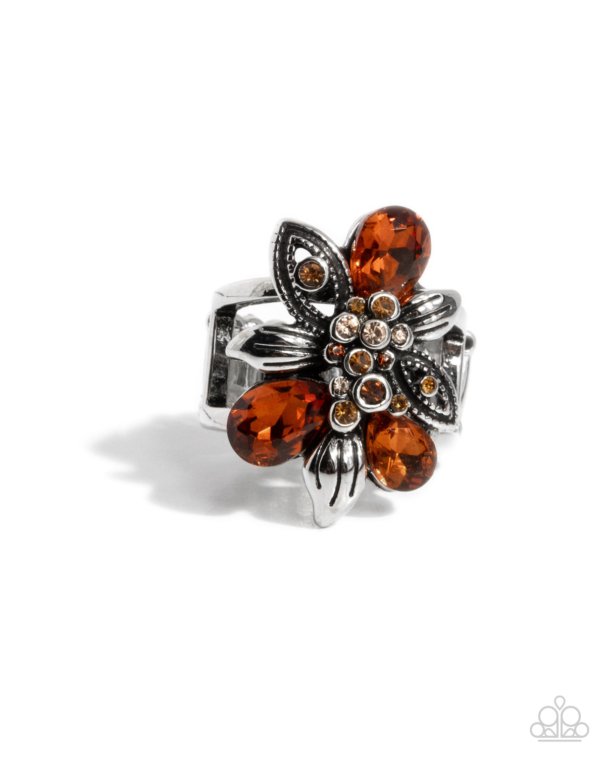 Carefree Corsage Brown Rhinestone Flower Ring - Paparazzi Accessories- lightbox - CarasShop.com - Paparazzi Jewelry by Cara Jewels