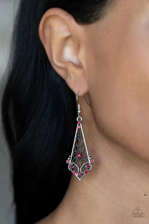 Casablanca Charisma Red Earrings - Paparazzi Accessories- on model - CarasShop.com - Paparazzi Jewelry by Cara Jewels