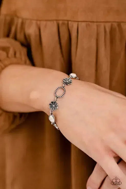 Casablanca Craze White Bracelet - Paparazzi Accessories-on model - CarasShop.com - Paparazzi Jewelry by Cara Jewels
