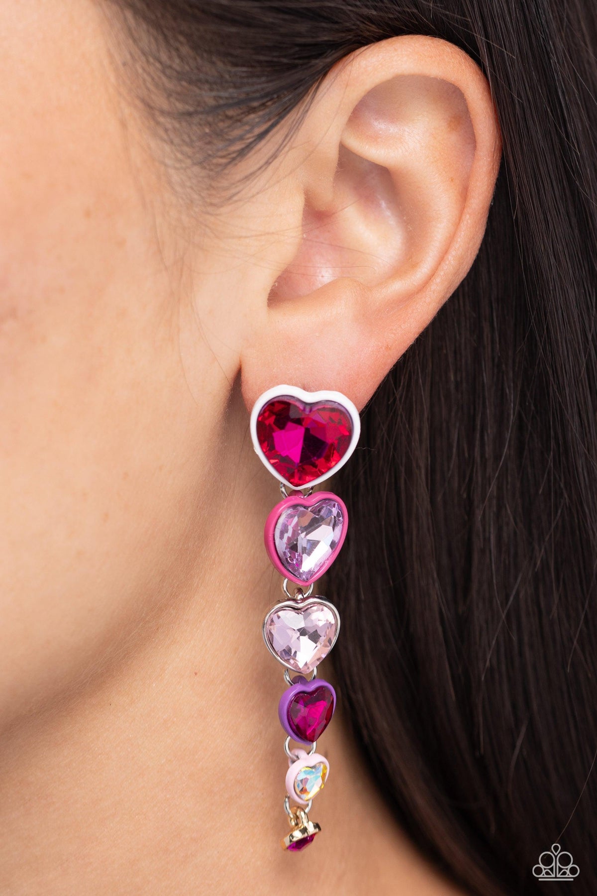 Cascading Casanova Multi Red, Pink & Purple Heart Earrings - Paparazzi Accessories- on model - CarasShop.com - Paparazzi Jewelry by Cara Jewels