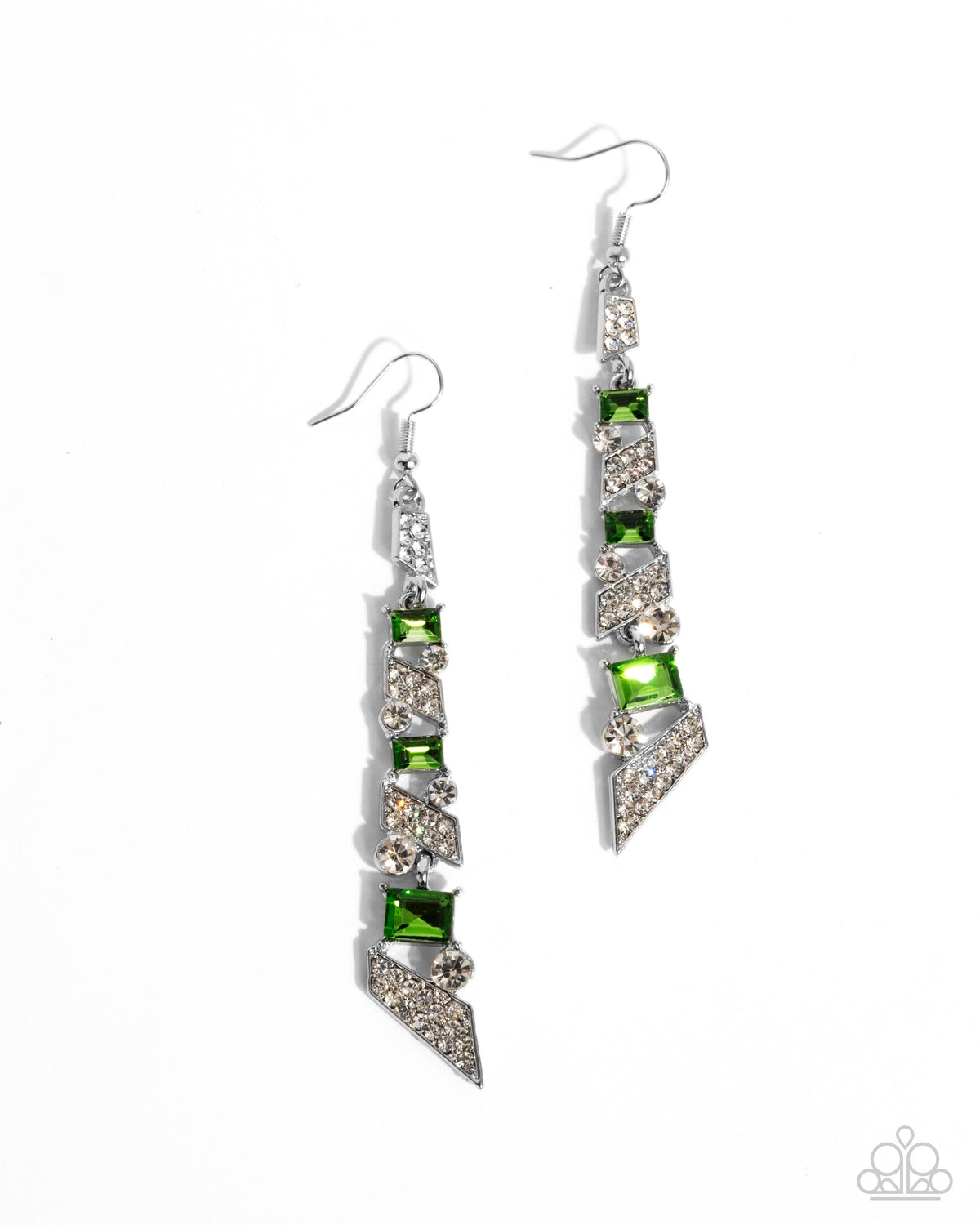 Cascading Cred Green & White Rhinestone Earrings - Paparazzi Accessories- lightbox - CarasShop.com - Paparazzi Jewelry by Cara Jewels