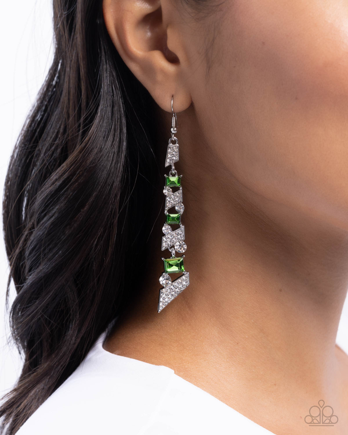 Cascading Cred Green & White Rhinestone Earrings - Paparazzi Accessories- on model - CarasShop.com - Paparazzi Jewelry by Cara Jewels