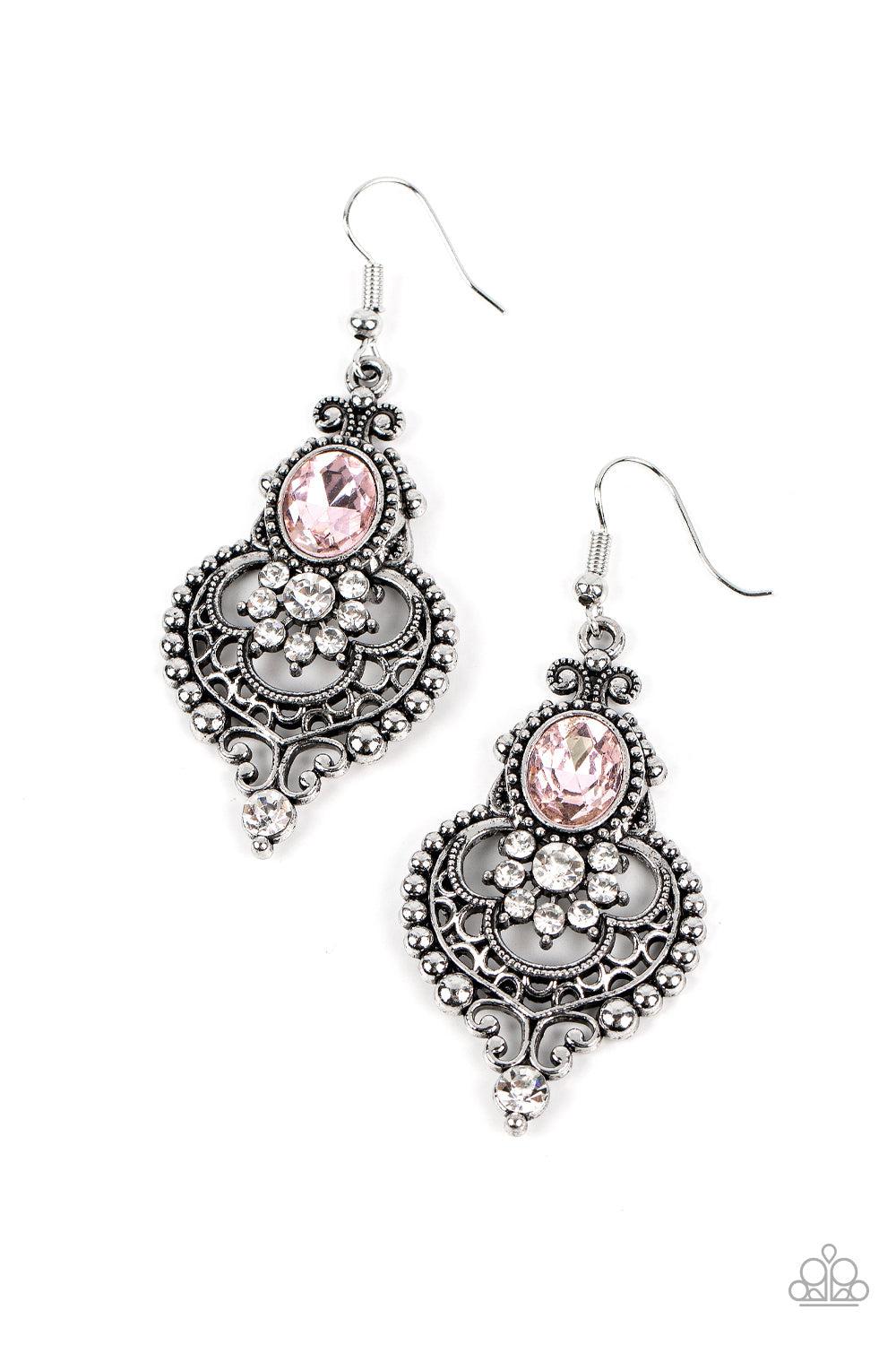 Castle Chateau Pink Rhinestone Earrings - Paparazzi Accessories- lightbox - CarasShop.com - Paparazzi Jewelry by Cara Jewels