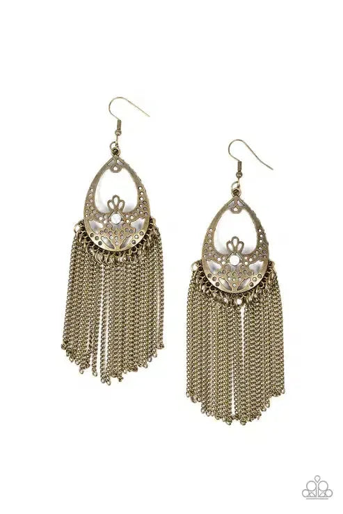 Castle Cottage Brass Earrings - Paparazzi Accessories- lightbox - CarasShop.com - Paparazzi Jewelry by Cara Jewels