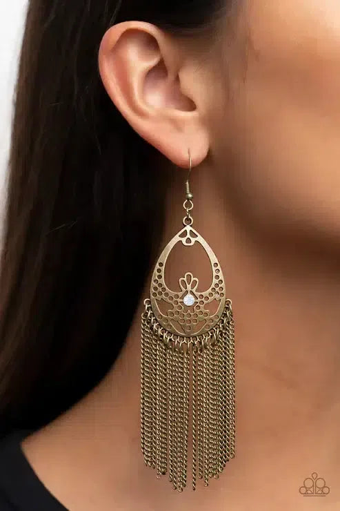 Castle Cottage Brass Earrings - Paparazzi Accessories-on model - CarasShop.com - Paparazzi Jewelry by Cara Jewels