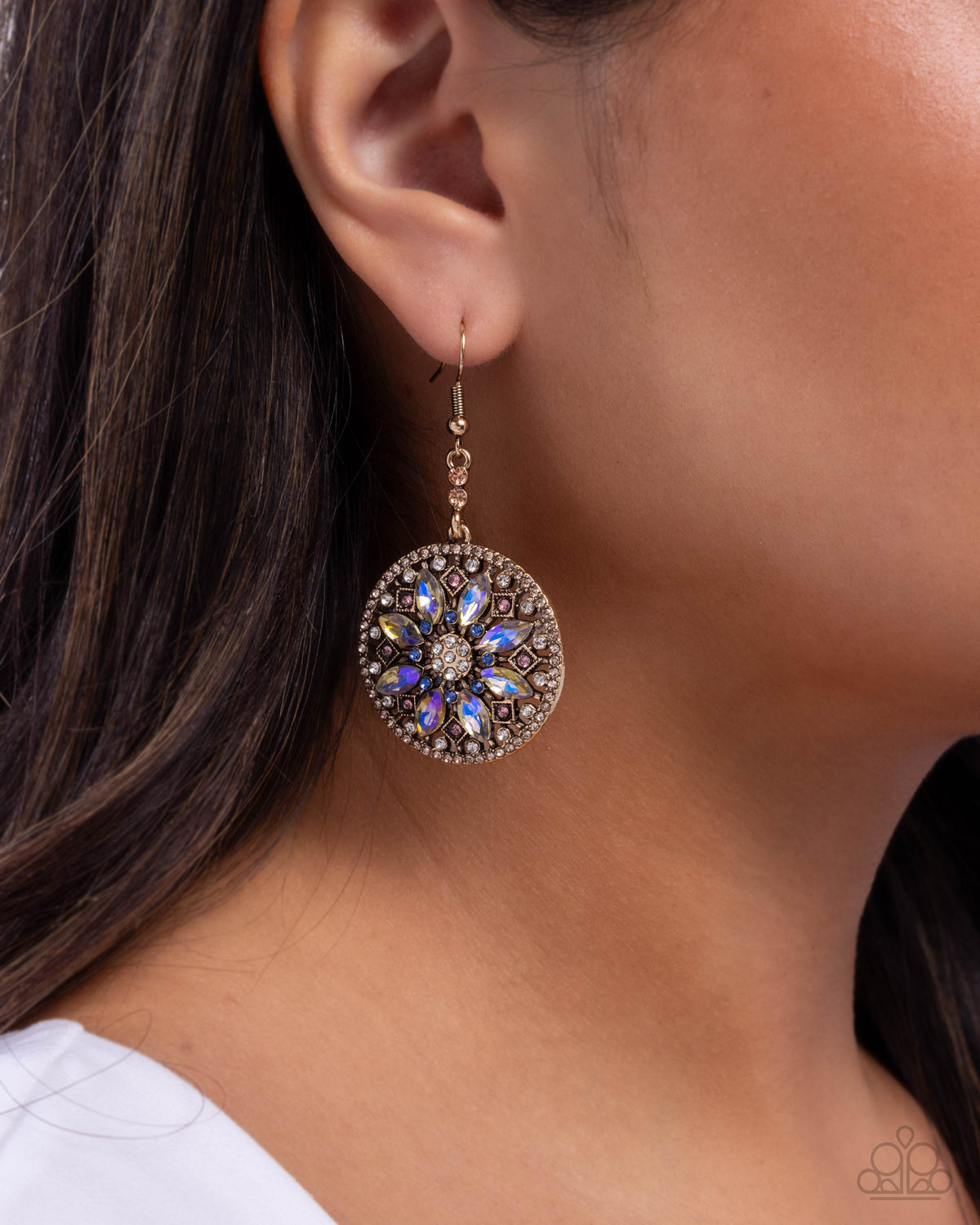 Cathedral Chic Multi Rhinestone Earrings - Paparazzi Accessories-on model - CarasShop.com - Paparazzi Jewelry by Cara Jewels