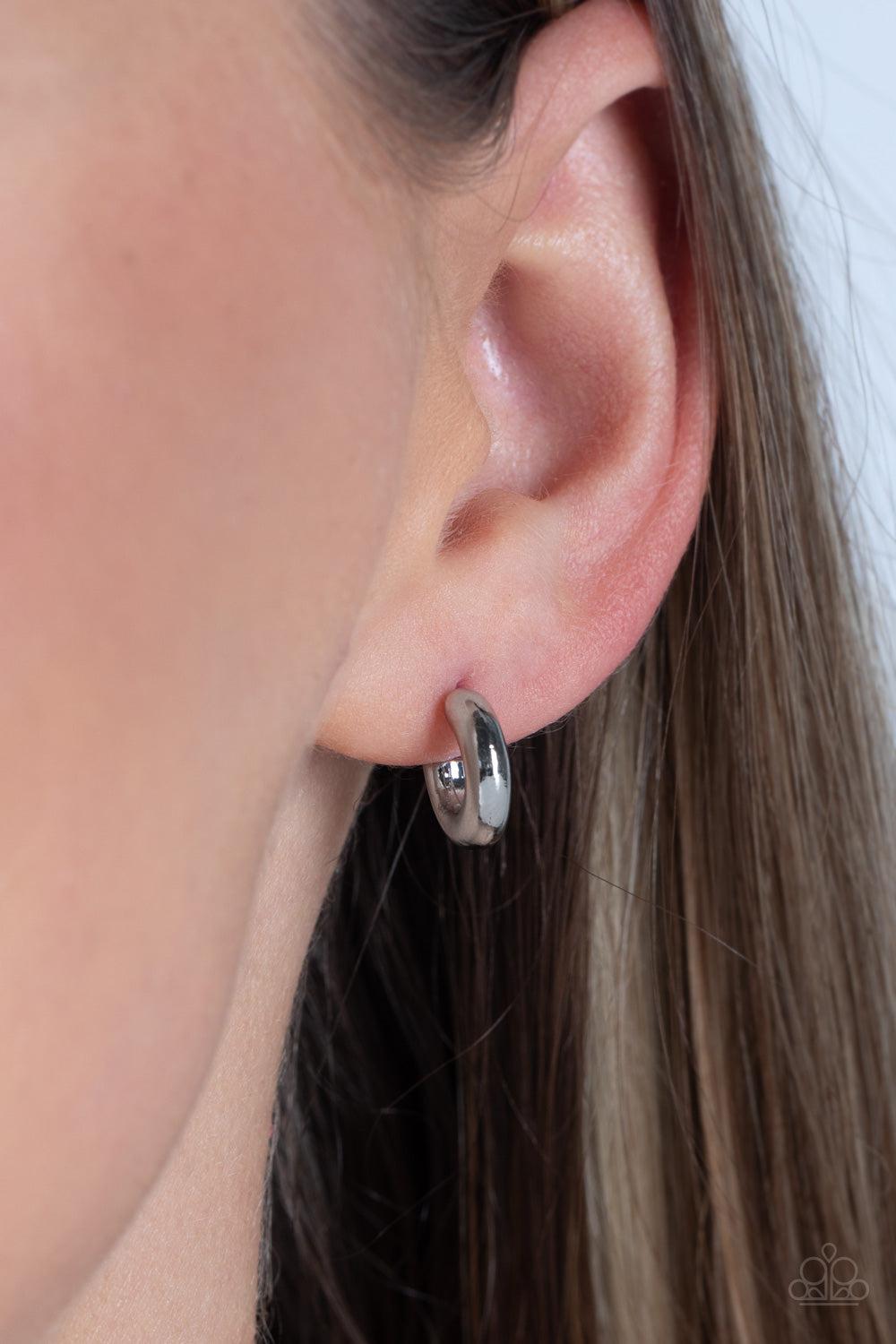 Catwalk Curls Silver Mini Hoop Earrings - Paparazzi Accessories- on model - CarasShop.com - Paparazzi Jewelry by Cara Jewels