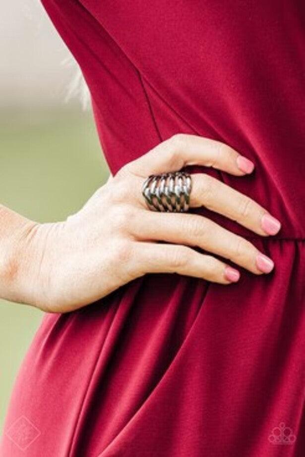 Caught Off Guard Gunmetal Black Ring - Paparazzi Accessories- on model - CarasShop.com - Paparazzi Jewelry by Cara Jewels