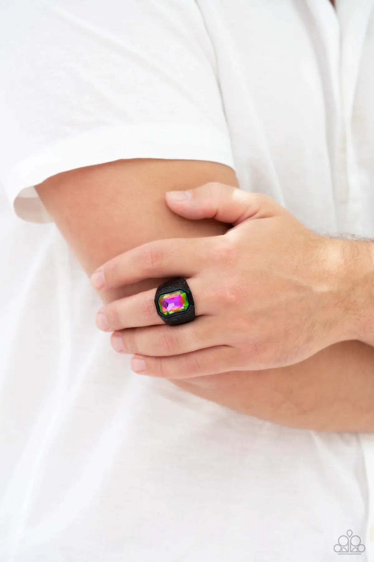 Cavalier Claim Multi Oil Spill Men's Ring - Paparazzi Accessories- on model - CarasShop.com - Paparazzi Jewelry by Cara Jewels