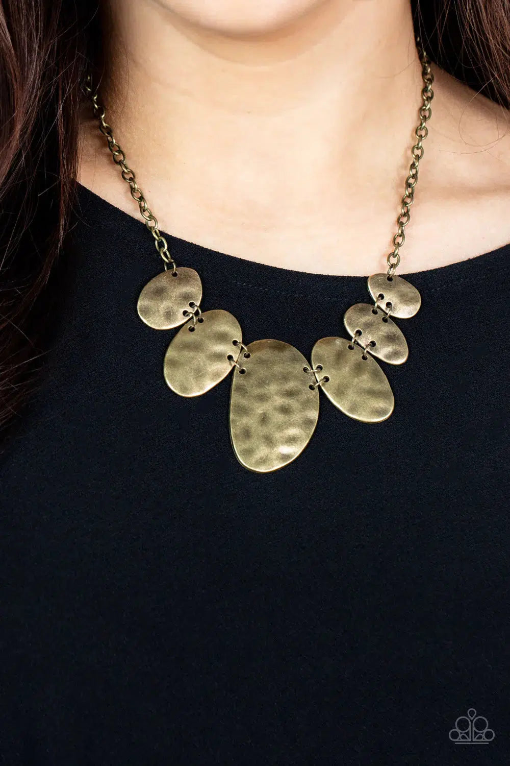 Cave Crawl Brass Necklace - Paparazzi Accessories- on model - CarasShop.com - Paparazzi Jewelry by Cara Jewels