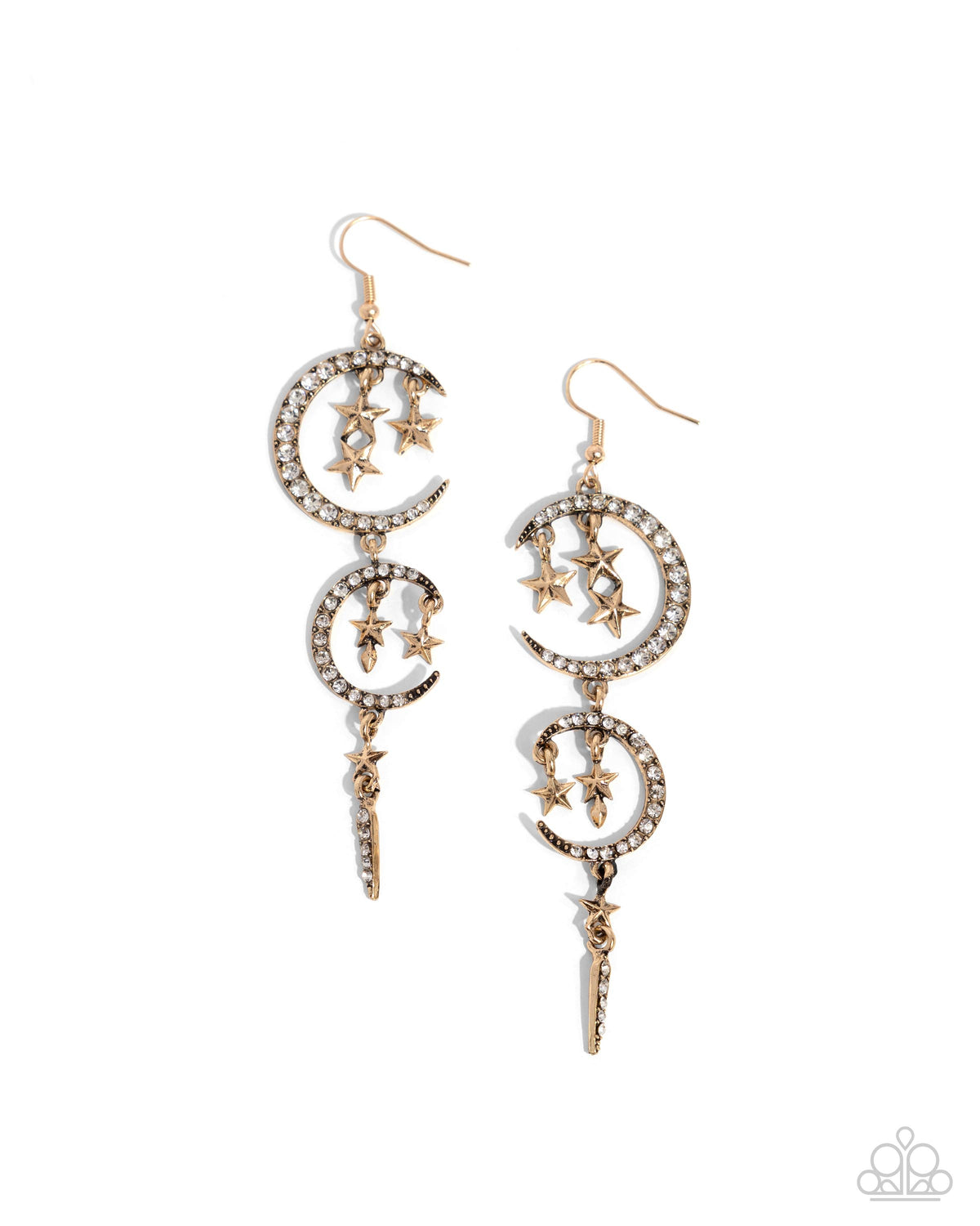 Celestial Cascade Gold & White Rhinestone Moon & Star Earrings - Paparazzi Accessories- lightbox - CarasShop.com - Paparazzi Jewelry by Cara Jewels