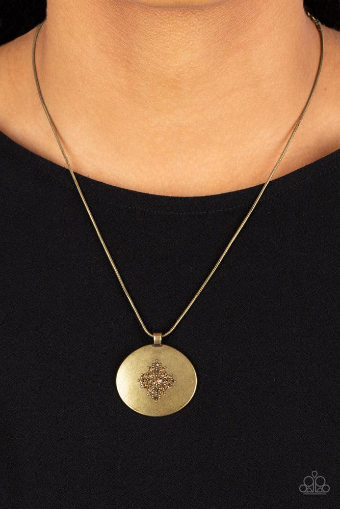 Center of the Cosmos Brass Necklace - Paparazzi Accessories-on model - CarasShop.com - Paparazzi Jewelry by Cara Jewels