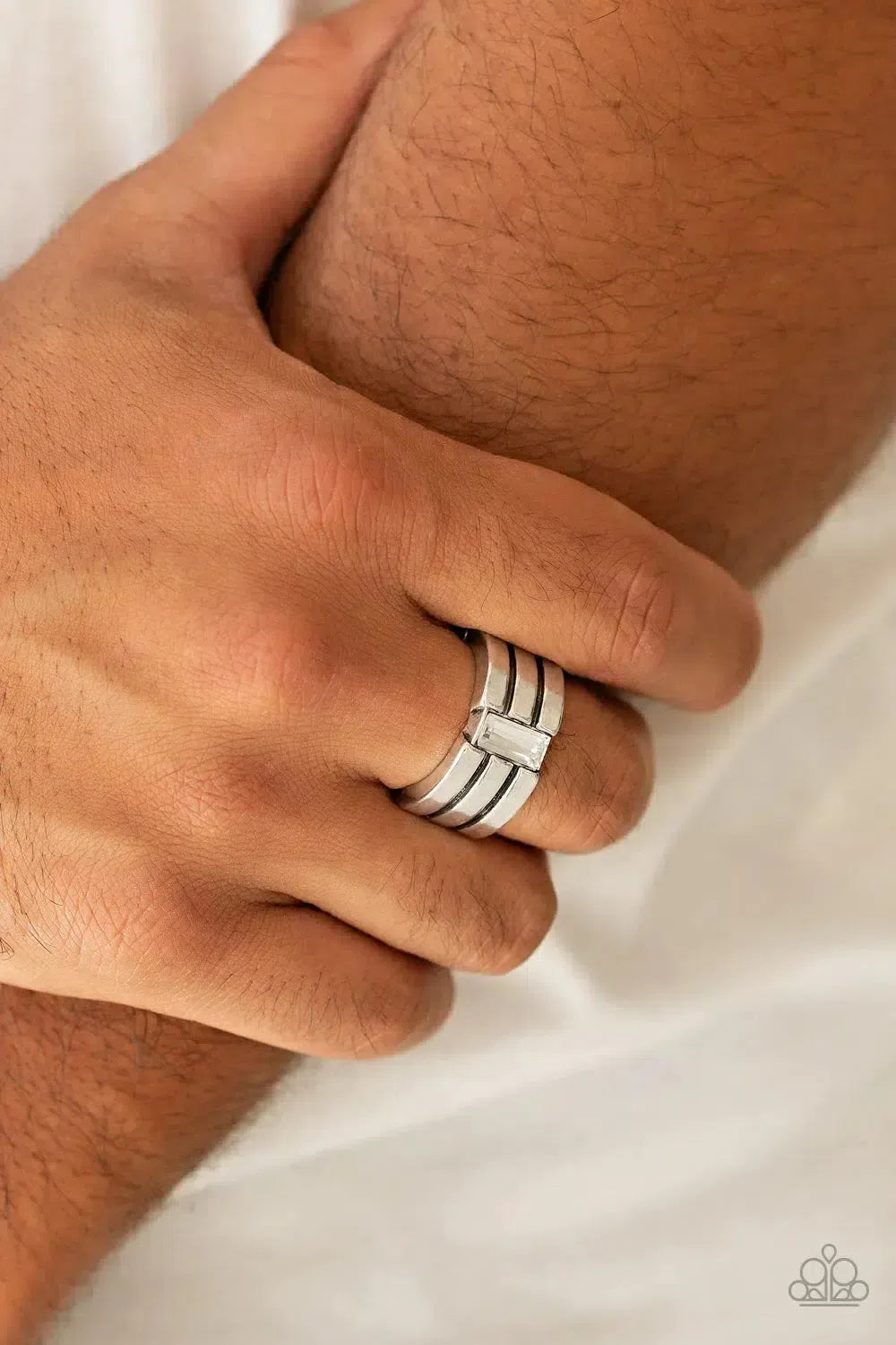 Champions Club Men's White Ring - Paparazzi Accessories-on model - CarasShop.com - Paparazzi Jewelry by Cara Jewels