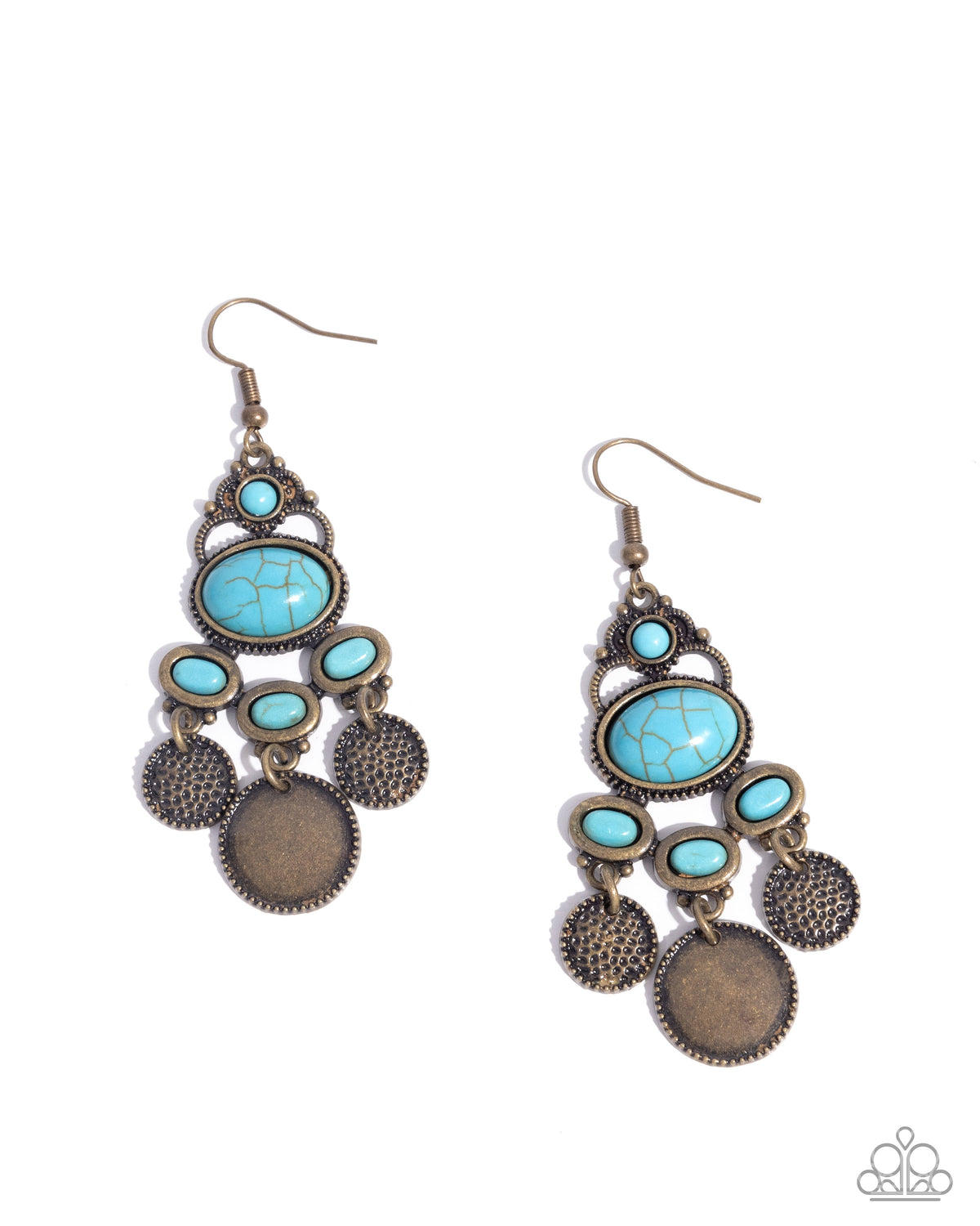 Chandelier Candor Brass & Turquoise Blue Stone Earrings - Paparazzi Accessories- lightbox - CarasShop.com - Paparazzi Jewelry by Cara Jewels