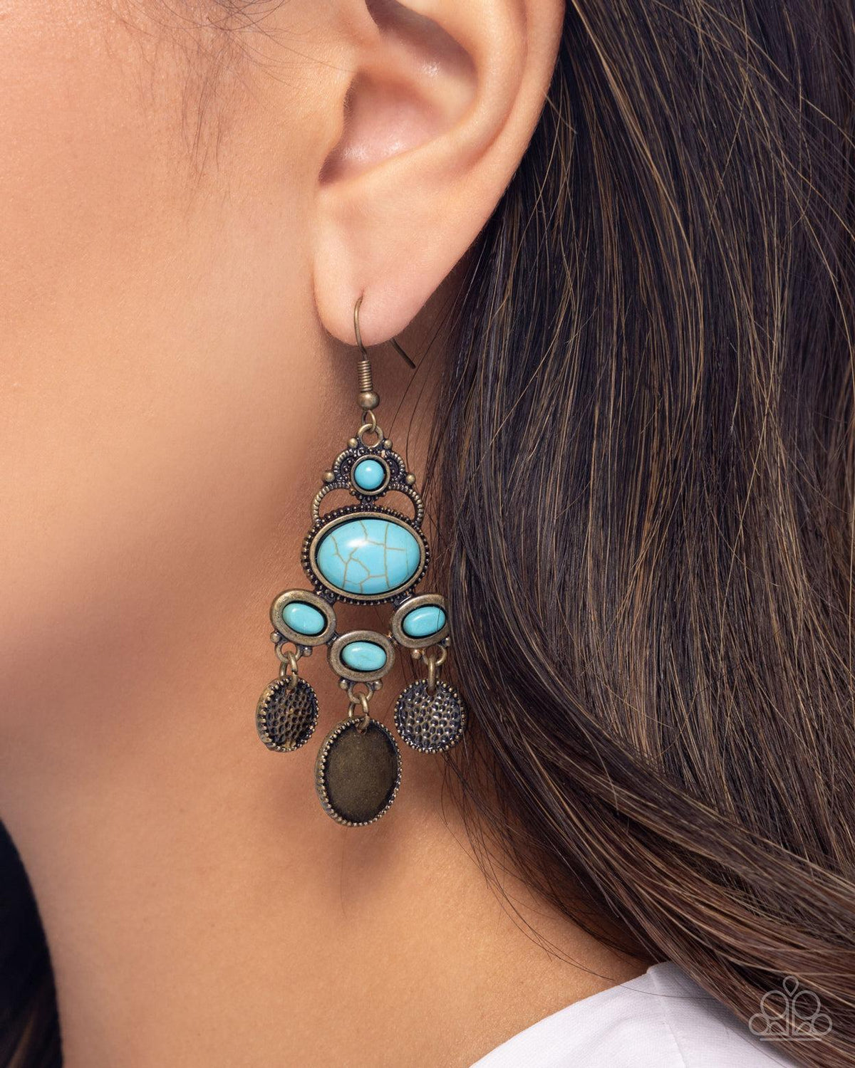 Chandelier Candor Brass & Turquoise Blue Stone Earrings - Paparazzi Accessories-on model - CarasShop.com - Paparazzi Jewelry by Cara Jewels