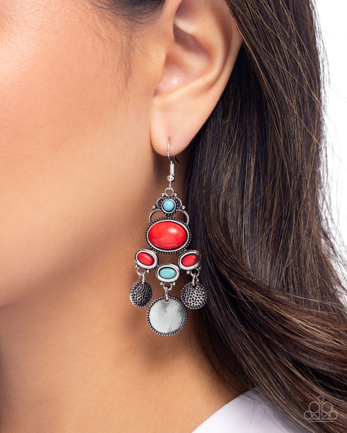 Chandelier Candor Red & Turquoise Stone Earrings - Paparazzi Accessories-on model - CarasShop.com - Paparazzi Jewelry by Cara Jewels