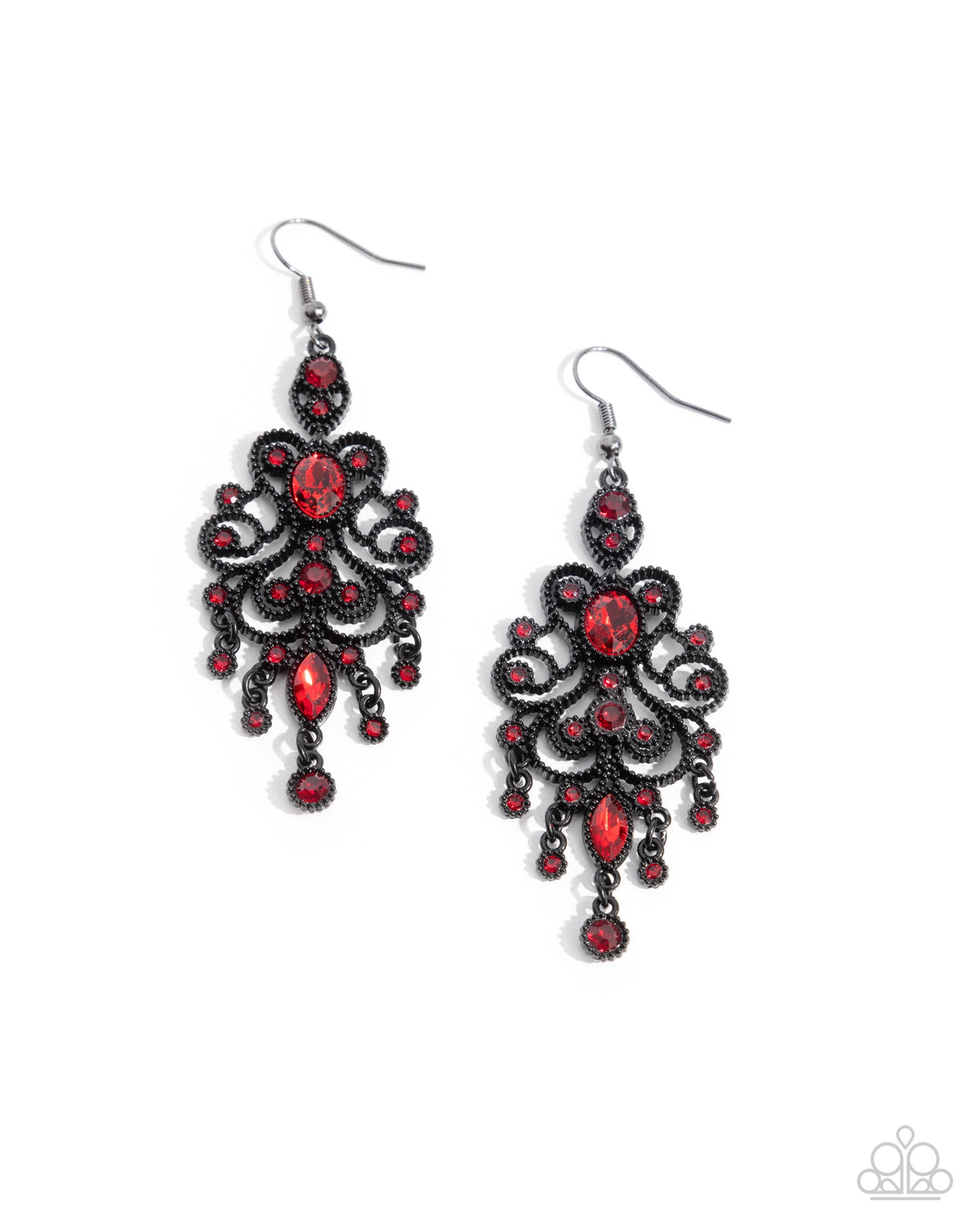 Chandelier Celebration Red Rhinestone Earrings - Paparazzi Accessories- lightbox - CarasShop.com - Paparazzi Jewelry by Cara Jewels