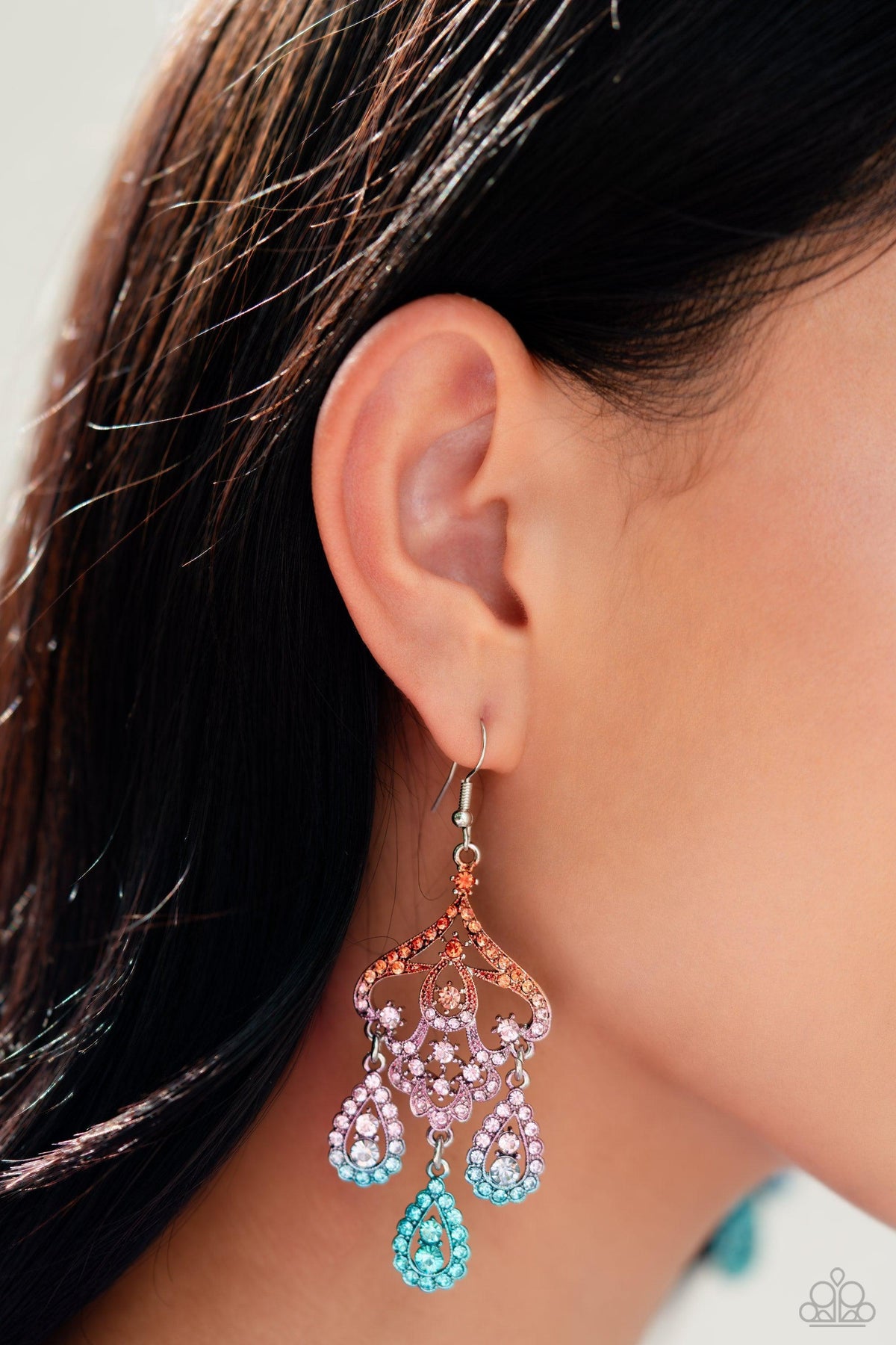 Chandelier Command Multi Ombre Rhinestone Earrings - Paparazzi Accessories- on model - CarasShop.com - Paparazzi Jewelry by Cara Jewels