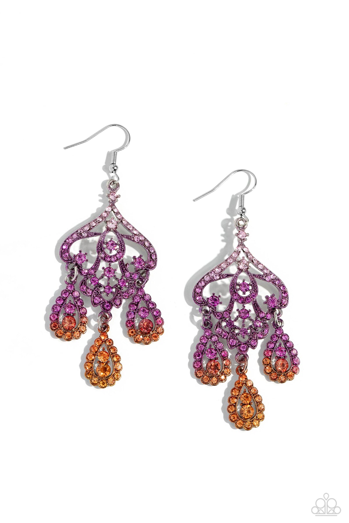 Chandelier Command Multi Purple & Orange Rhinestone Earrings - Paparazzi Accessories- lightbox - CarasShop.com - Paparazzi Jewelry by Cara Jewels