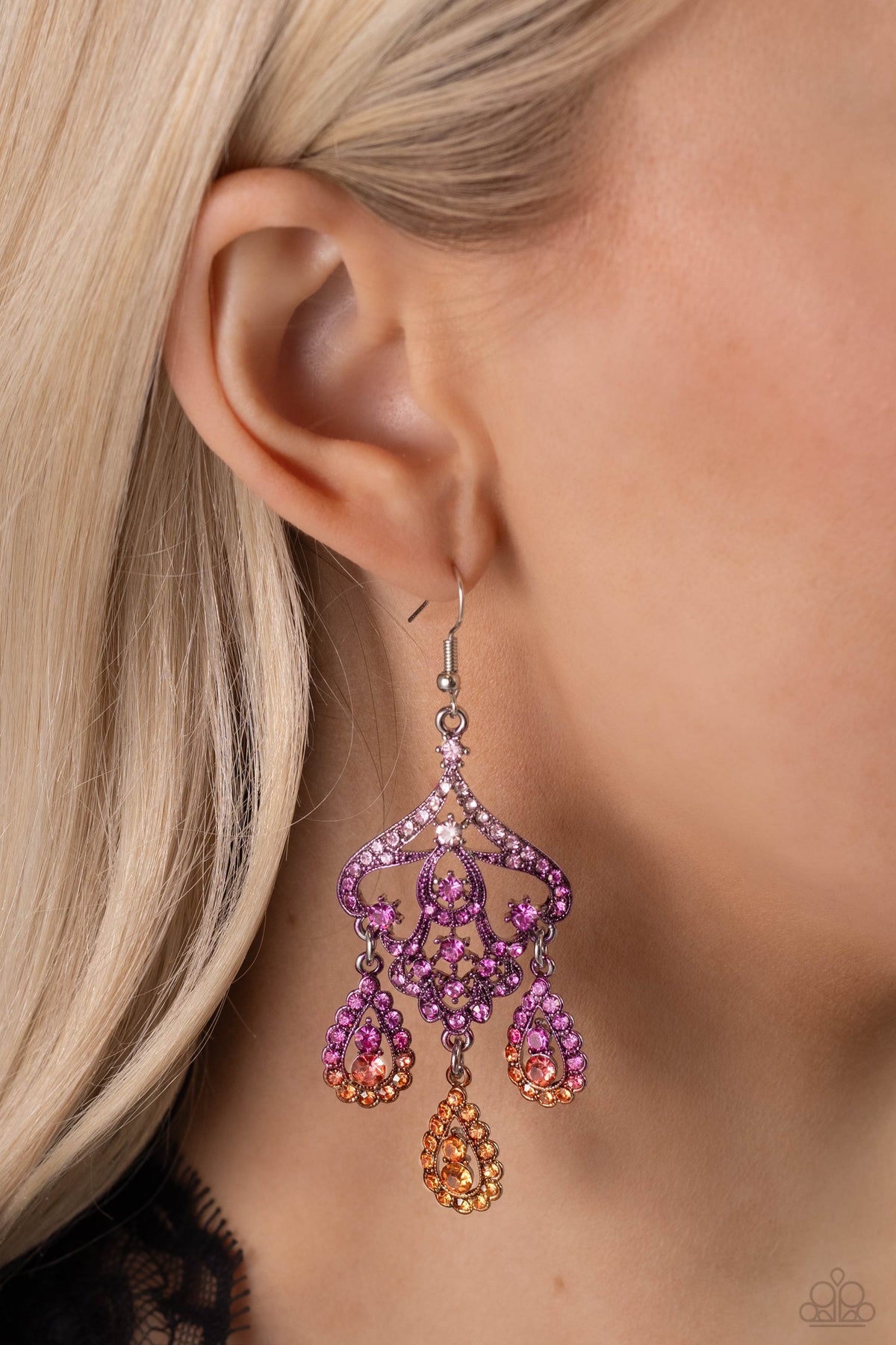 Chandelier Command Multi Purple & Orange Rhinestone Earrings - Paparazzi Accessories- on model - CarasShop.com - Paparazzi Jewelry by Cara Jewels