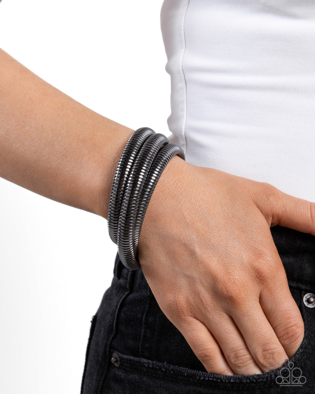 Charismatic Coils Gunmetal Black Bracelet - Paparazzi Accessories- on model - CarasShop.com - Paparazzi Jewelry by Cara Jewels