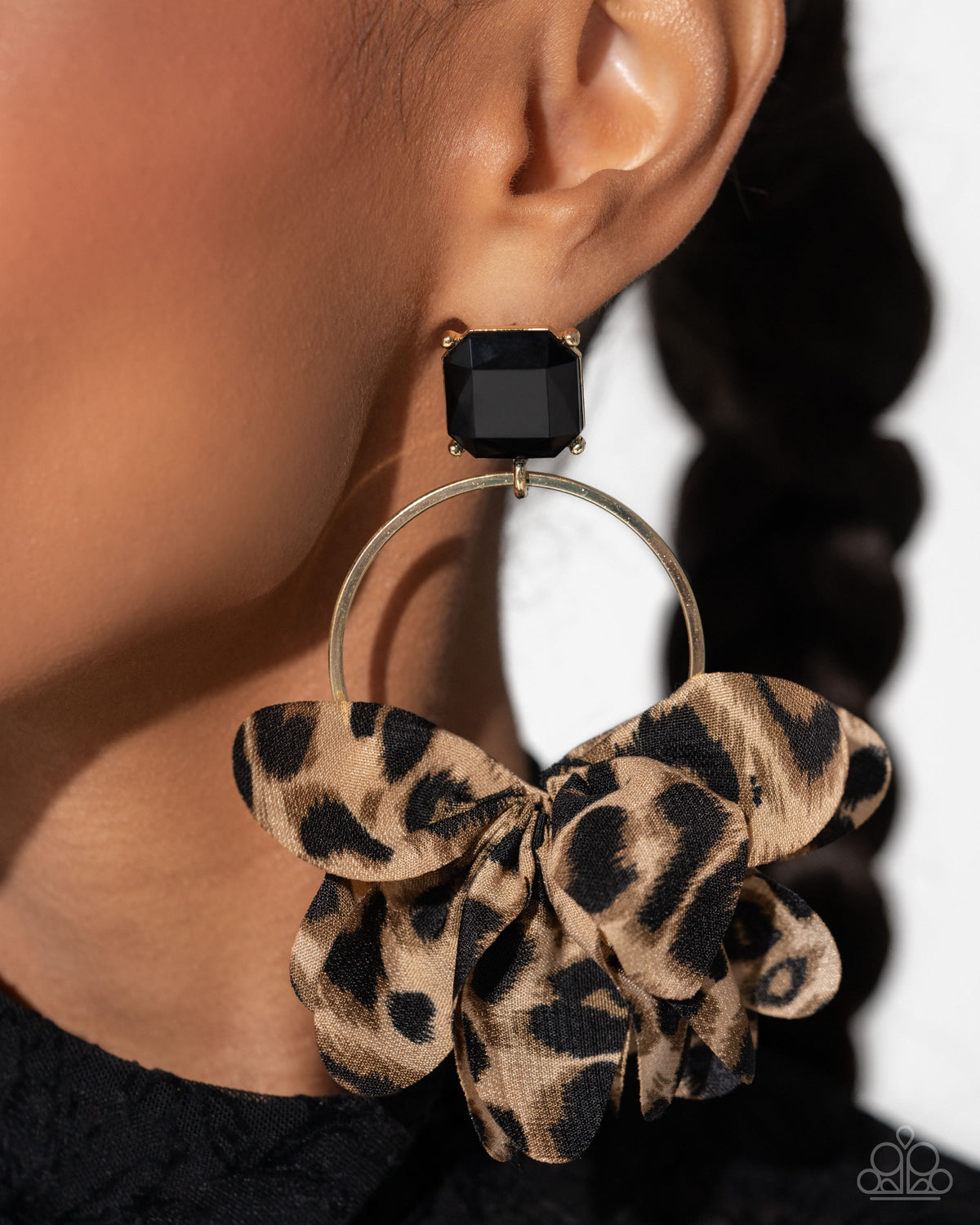 Charming Cheetah Gold Post Earrings - Paparazzi Accessories- on model - CarasShop.com - Paparazzi Jewelry by Cara Jewels