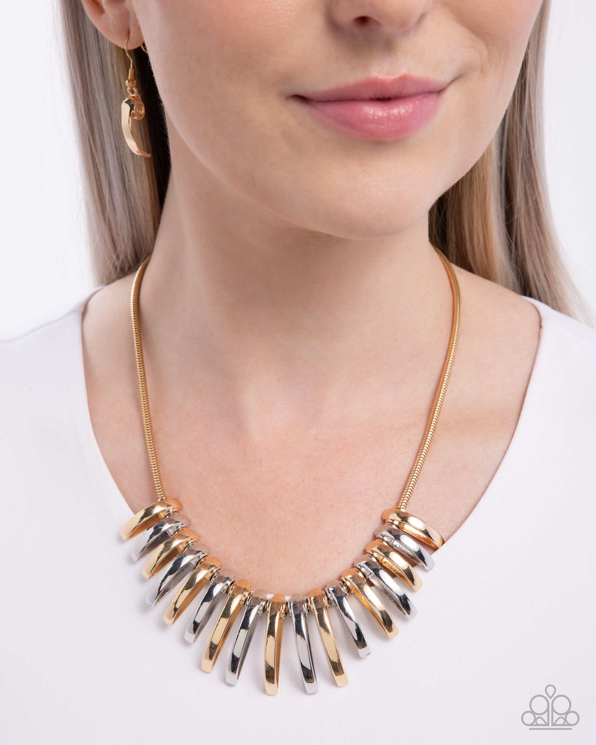 Chasing Chic Multi Gold & Silver Necklace - Paparazzi Accessories- on model - CarasShop.com - Paparazzi Jewelry by Cara Jewels