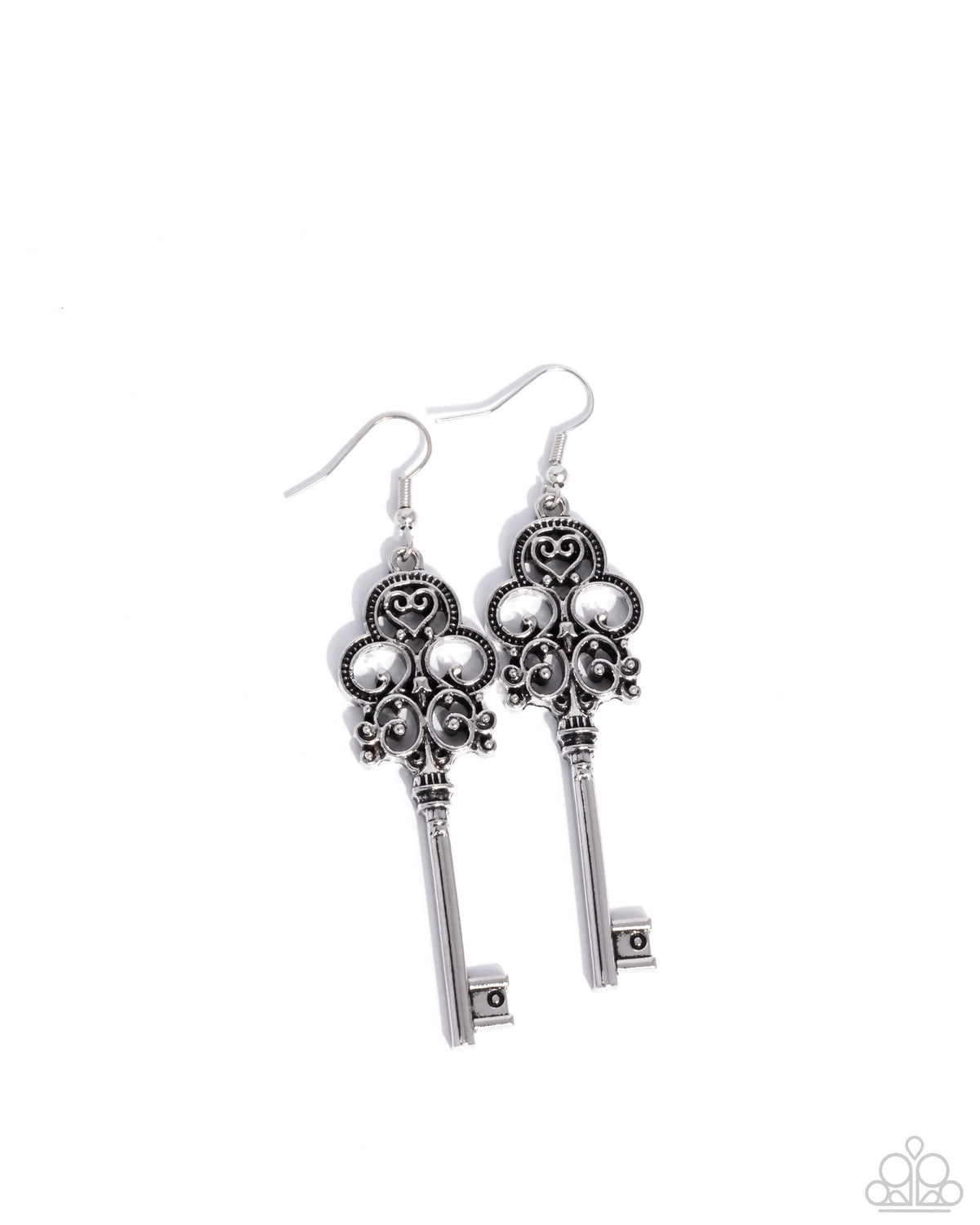 Chateau Chic Silver Key Earrings - Paparazzi Accessories- lightbox - CarasShop.com - Paparazzi Jewelry by Cara Jewels
