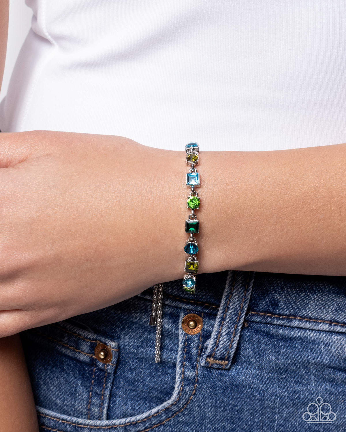 Checking for Chic Green & Blue Gem Bracelet - Paparazzi Accessories-on model - CarasShop.com - Paparazzi Jewelry by Cara Jewels