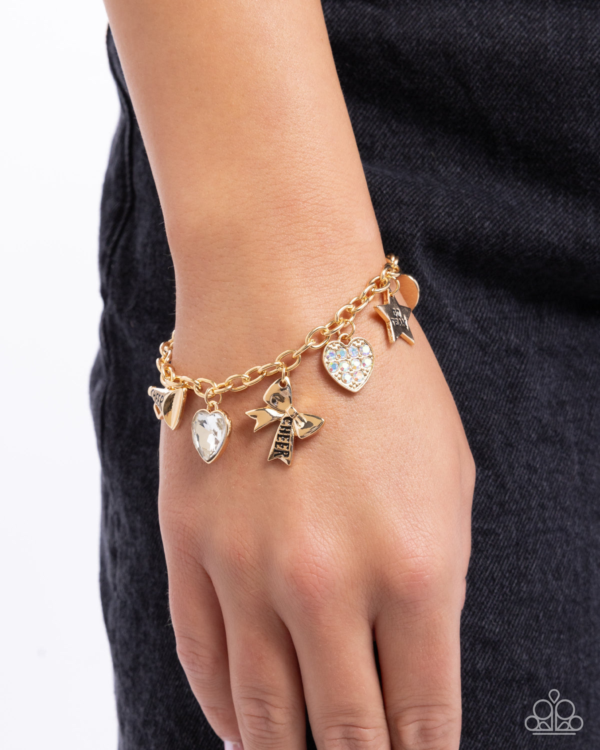 Cheerleading Camp Gold Charm Bracelet - Paparazzi Accessories- on model - CarasShop.com - Paparazzi Jewelry by Cara Jewels