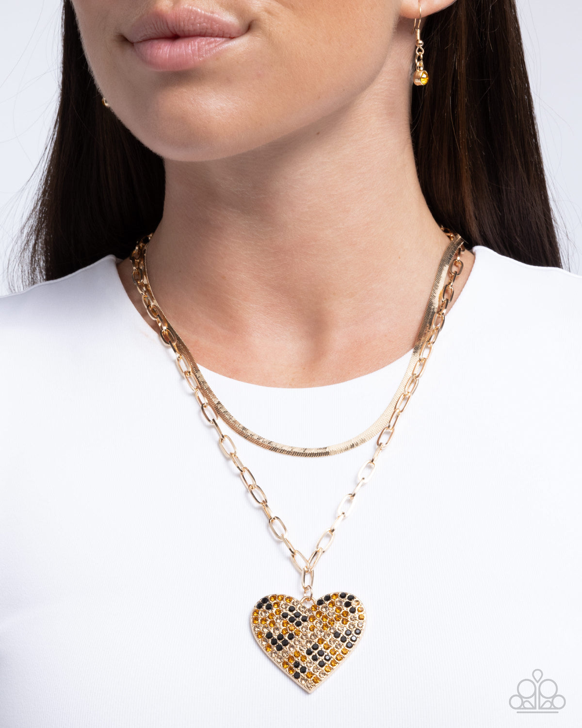 Cheetah Class Brown & Gold Heart Necklace - Paparazzi Accessories- on model - CarasShop.com - Paparazzi Jewelry by Cara Jewels