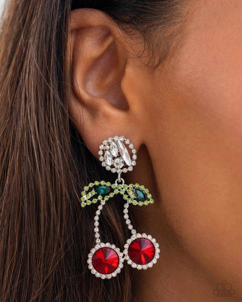 Cherry Picking Red Rhinestone Earrings - Paparazzi Accessories- on model - CarasShop.com - Paparazzi Jewelry by Cara Jewels