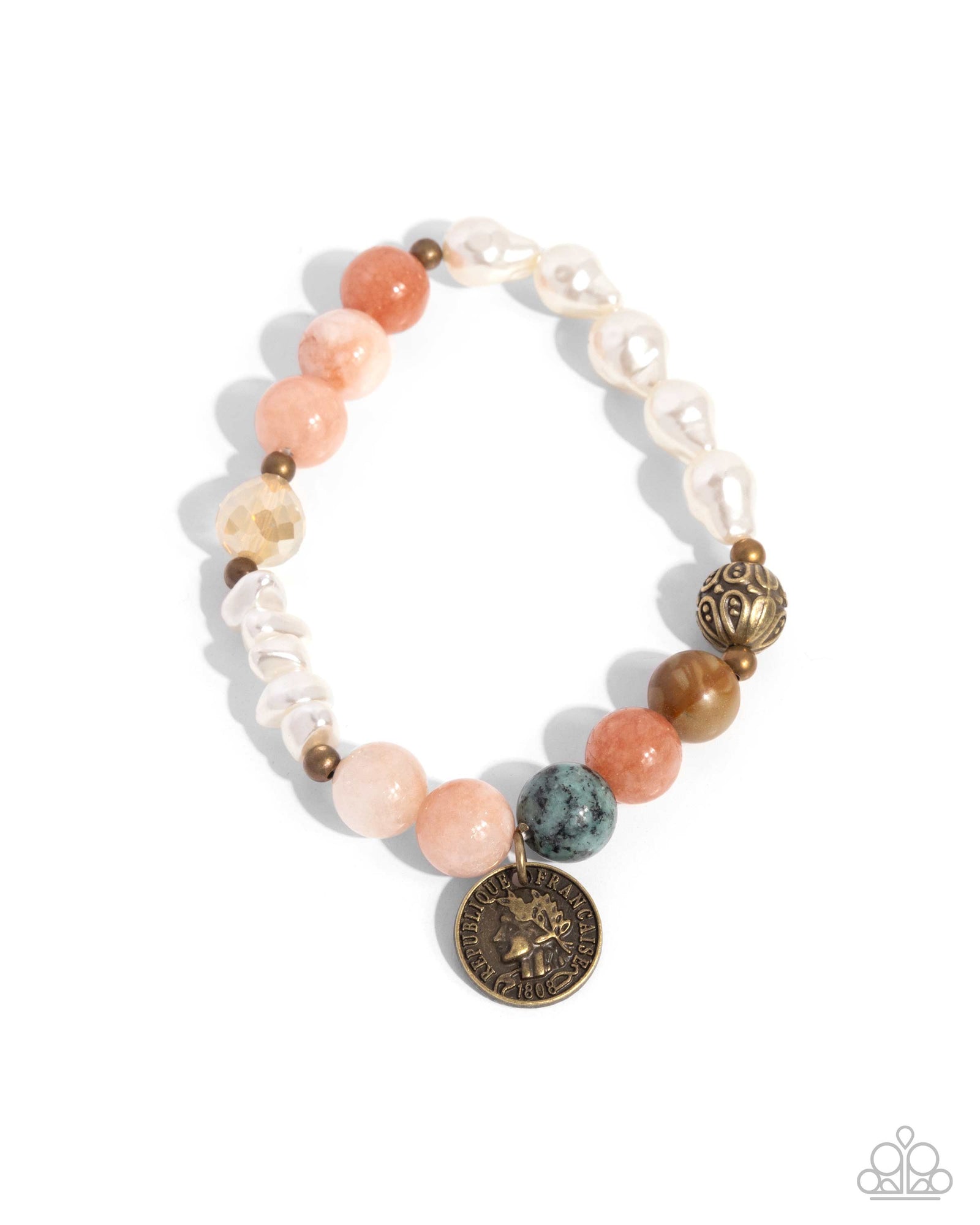 Chic Currency Orange Stone & Pearl Bracelet - Paparazzi Accessories- lightbox - CarasShop.com - Paparazzi Jewelry by Cara Jewels