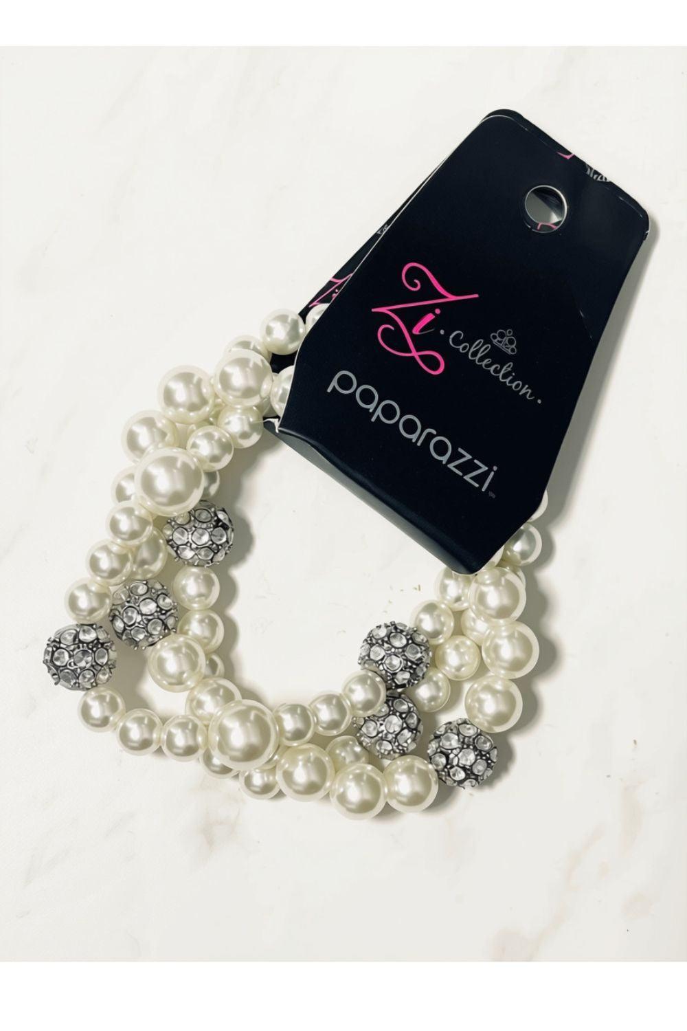 Chic Through the Centuries White Pearl & Rhinestone Zi Collection Bracelet - Paparazzi Accessories- lightbox - CarasShop.com - Paparazzi Jewelry by Cara Jewels